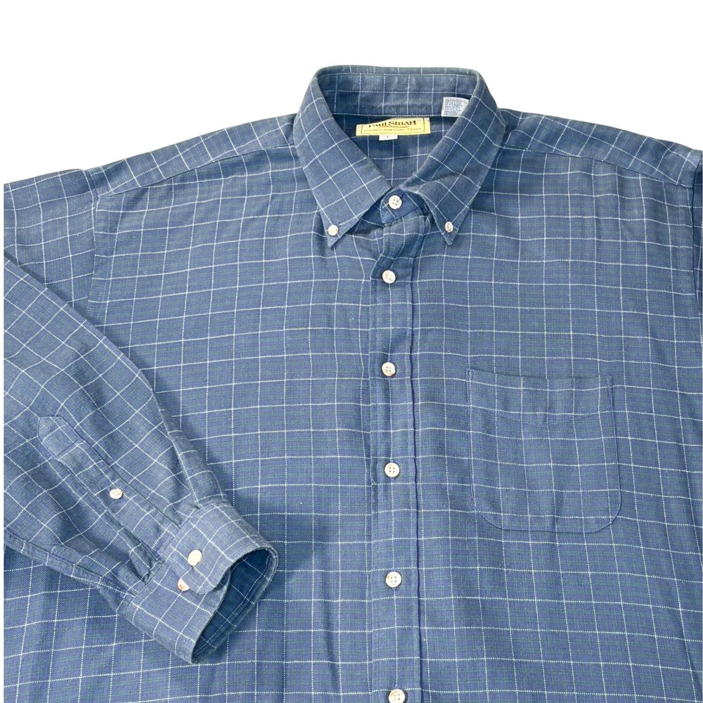 Paul Stuart flannel shirt men's large blue green plaid wool blend lightweight